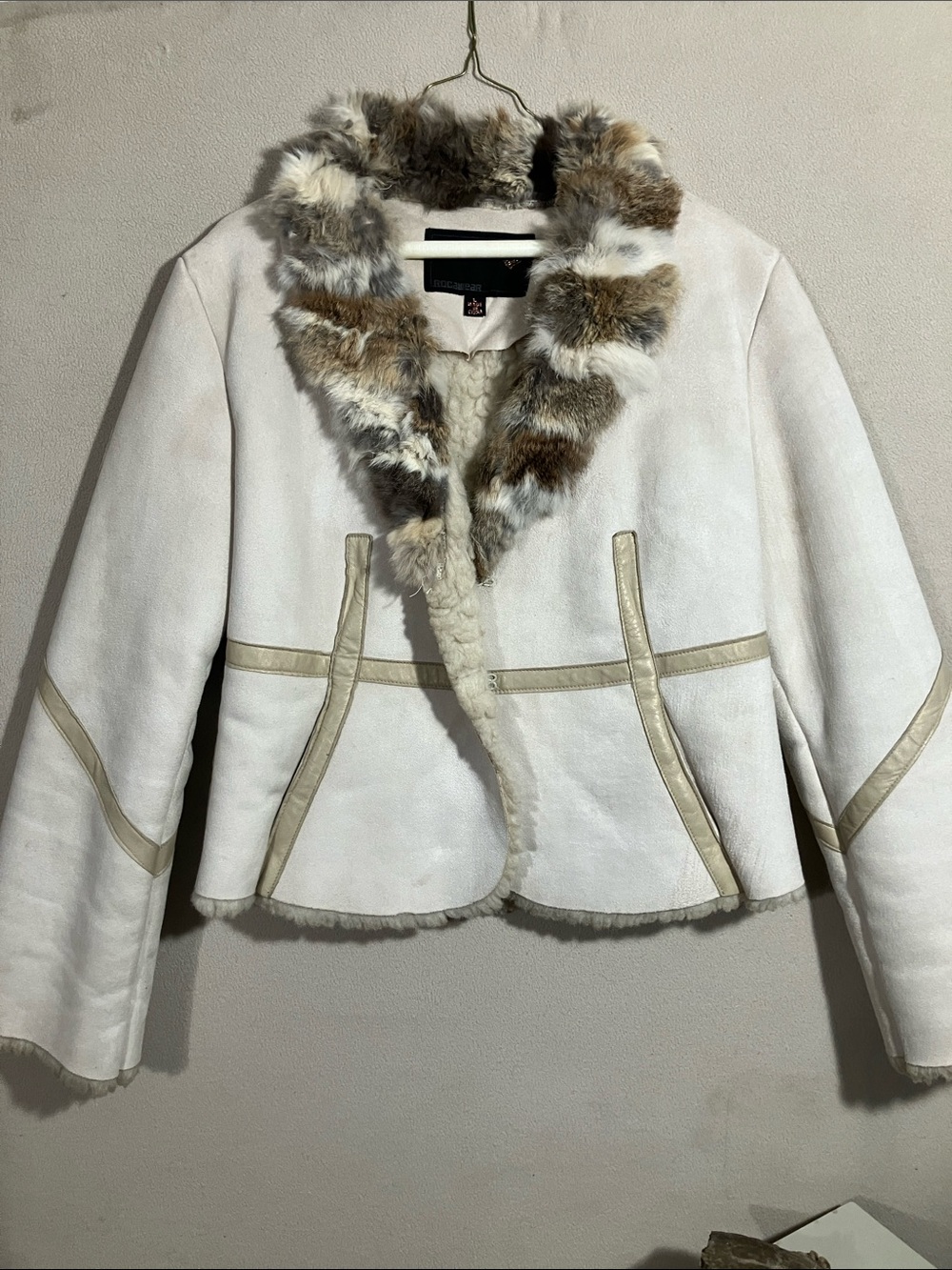 Vintage Rocawear Y2K Shearling Jacket Real Rabbit Fur Trim Leather Tan Cream L